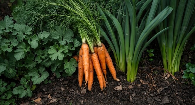 carrots thriving next to leafy leek plants in garden