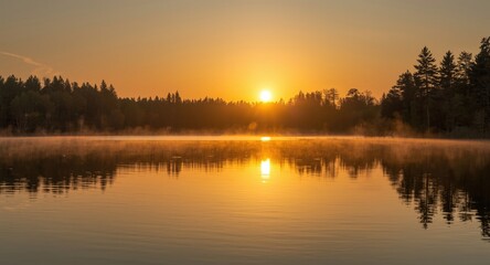 Obraz premium Calm lake waters glowing softly at sunrise within a natural refuge