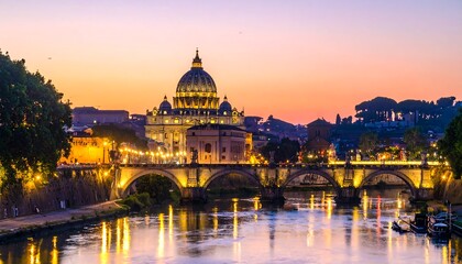 Fototapeta premium A scenic sunset over a city featuring a grand dome, arched bridge, and reflective waterway, painting the sky with warm colors
