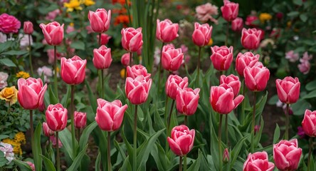 Obraz premium Bright pink tulips blooming in a lush rose garden with vibrant greenery