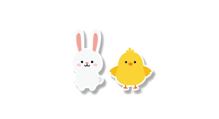 Adorable cartoon white bunny sticker stands beside a cute little yellow chick isolated on white background