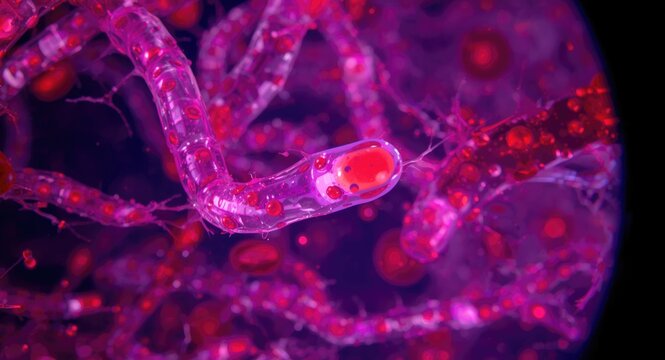 Blood vessel capillary viewed through light microscope highlighting red blood cells