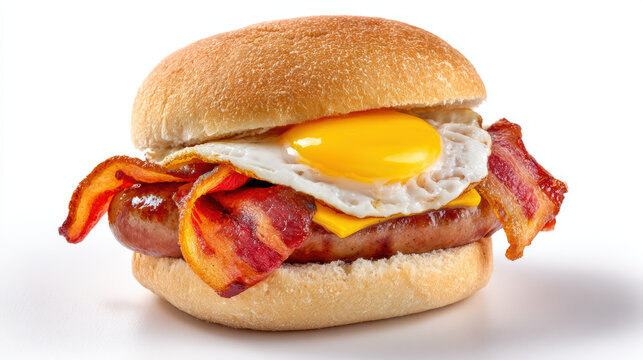 delicious bacon egg sausage bap breakfast sandwich