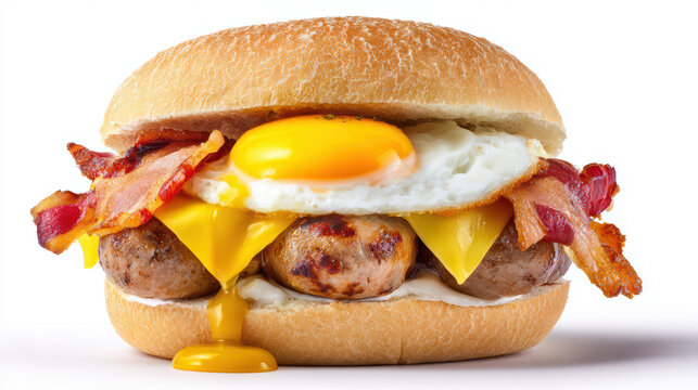 delicious bacon egg sausage bap breakfast sandwich