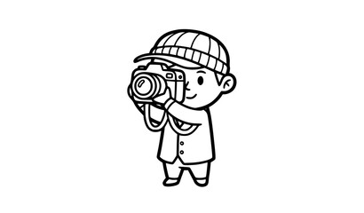 Obraz premium A cartoon boy holding a camera and wearing a hat in a simple line art style