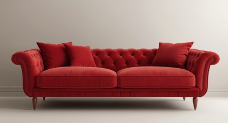 Fototapeta premium Chic scarlet lounge sofa displayed with a clean neutral background