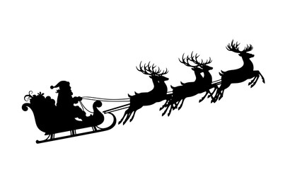 A black silhouette of Santa Claus riding in his sleigh pulled by reindeer across a white background © UIC STUDIO