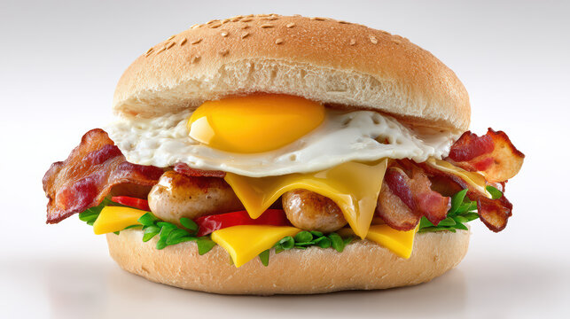 delicious bacon egg sausage bap breakfast sandwich