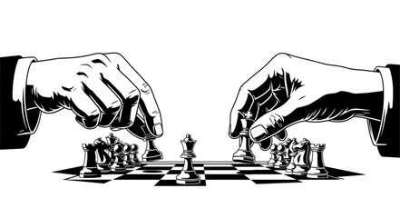 Chess game strategy - hands moving pieces on the board, competition concept. © ganis