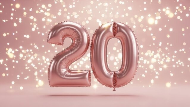 A pink metallic balloon in the shape of the number 20 on a pink background with sparkles