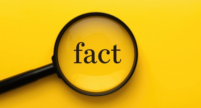 Detailed view of fact word through magnifying glass on sunlit yellow smooth background