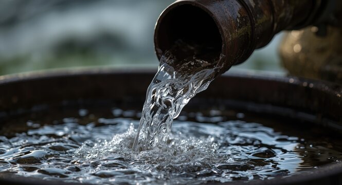 Close up view of chilly liquid flowing from garden drainpipe into barrel