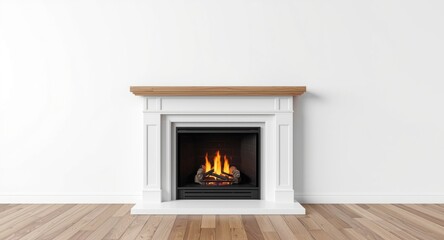3D fireplace mockup with an empty mantle shelf and plain blank walls for display