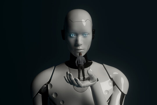 3D robot human scale concept with giant android and lone man