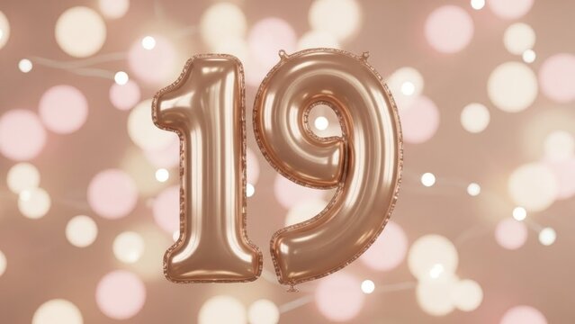 A rose gold-colored helium balloon in the shape of the number 19 floats against a background of blurred pink, gold, and white lights