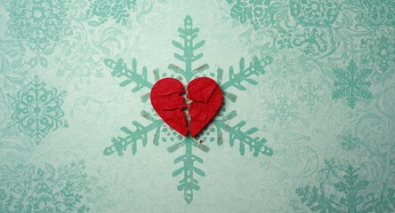 Divided heart parts resting on a decorative green snowflake pattern