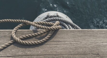 Fototapeta premium Close-up photograph of a braided rope resting on a sun-bleached wooden dock near fenders