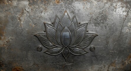 Intricate metal engraved lotus design on a rugged textured wall surface with copy space