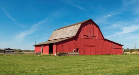 Classic American farm scene showing a red barn and bright blue sky