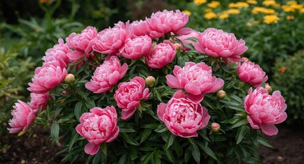 Fototapeta premium Beautifully maintained garden with lush peony flower clusters