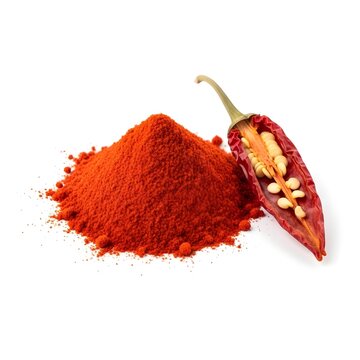 Small mound of paprika powder with one dried pepper cut open beside it, isolated white background