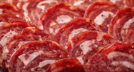 Obraz premium Detailed macro perspective of chorizo salami slices with visible marbling on table