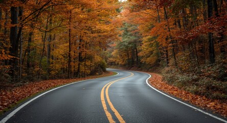 Naklejka premium Asphalt parkway road bending through dense forest full of autumn leaf colors