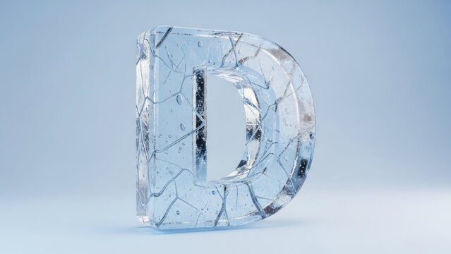 A large, cracked, transparent, icy letter D stands on a blue background