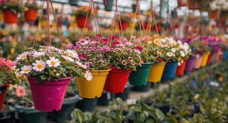 Colorful hanging flower pots in a vibrant plant nursery setting