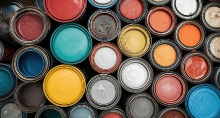 Fototapeta premium Collection of leftover colored paint cans from household hazardous waste