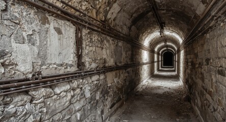 Obraz premium Consolidated power cables fastened alongside the aged wall within a salt mine corridor