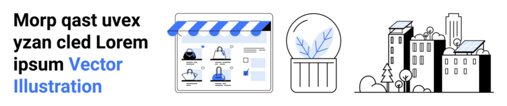 Online store interface under awning, plant in glass dome, and green urban buildings. Ideal for e-commerce, sustainability, urbanization, eco-awareness, web design, digital marketing smart cities