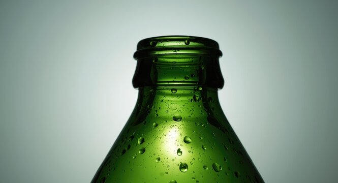 Close detail shot of glass bottle neck combining light shadow art and recyclable material symbolism with copy space