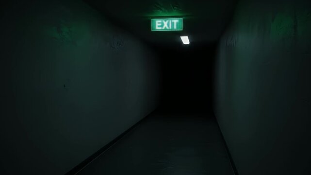 Dimly lit, dark hallway with green exit signs and a shadowy figure at the far end