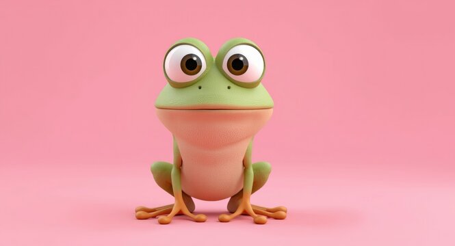 3D animated frog character with oversized eyes and bashful look on a pastel pink backdrop in a charming cartoon style