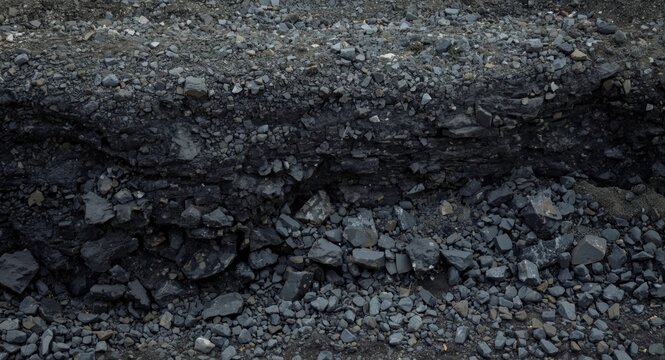 Anthracite coal and layered stone textures in an open excavation