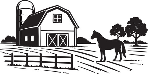 Black and white of a rural farm scene with a barn silo horse and trees also transparent background © BeCoolOk