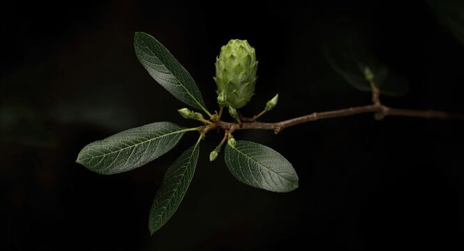Ceratonia siliqua branch featuring budding tips and botanical attributes against a dark natural background