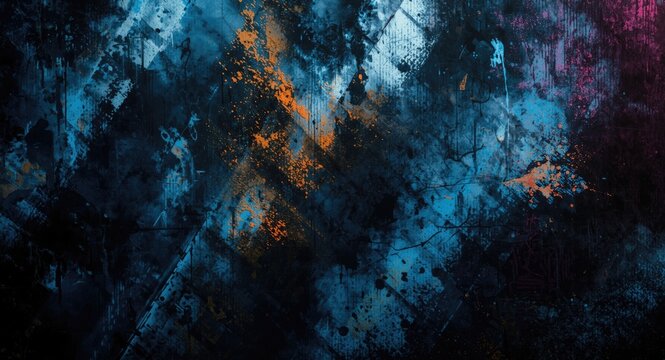 Abstract pattern with black tie dye texture and blue natural design elements accented by colorful graffiti style and grunge light