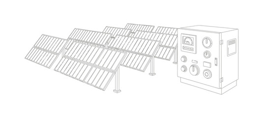 Detailed wireframe illustration showcasing a ground mounted solar panel array connected to an electrical control box for renewable energy system visualization © Maria
