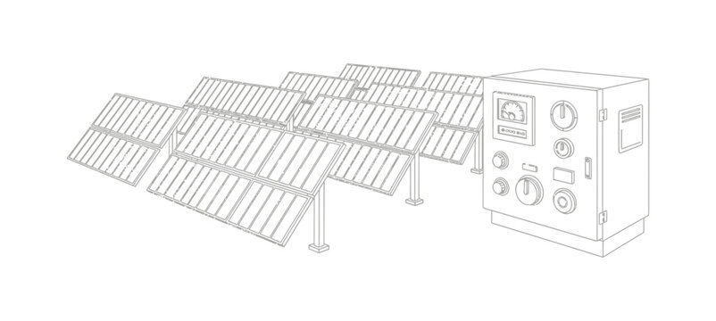 Detailed wireframe illustration showcasing a ground mounted solar panel array connected to an electrical control box for renewable energy system visualization