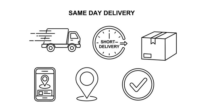Collection of essential black and white outline icons illustrating the streamlined process of same day delivery services for modern logistics and e-commerce fulfillment needs