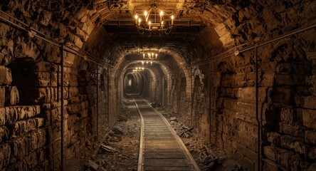 Fototapeta premium Ancient underground mining corridors with divided pathways