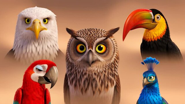 Diverse cartoon bird collection featuring eagle owl toucan parrot and peacock animation for kids and nature education