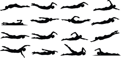 Swimming athlete silhouettes performing different strokes isolated vector set professional swimmer sport motion aquatic training illustration collection
