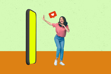 Obraz premium Poster trendy full banner creative collage of happy girl guy receive like reaction popular blog concept valentine day donation