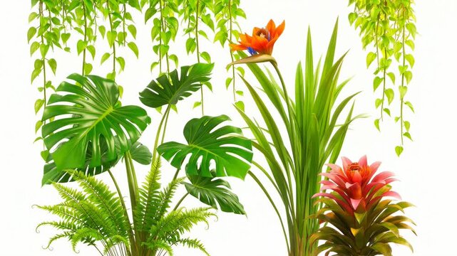 Lush tropical plants growing against bright white backdrop featuring monstera fern bird of paradise and bromeliad