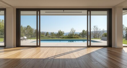 Fototapeta premium Elegant contemporary space with hardwood floor and a scenic pool area visible from inside