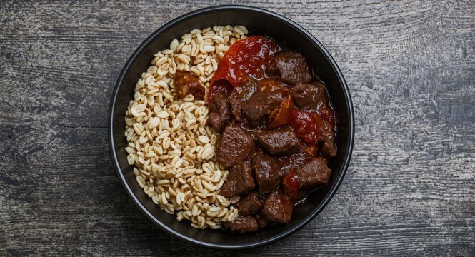 Bowl filled with savory Nigerian Obe Ila Alasepo and beef on textured wooden table