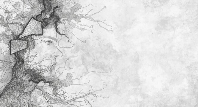 Graphite drawing backdrop illustrating mental illness symptoms with space for text